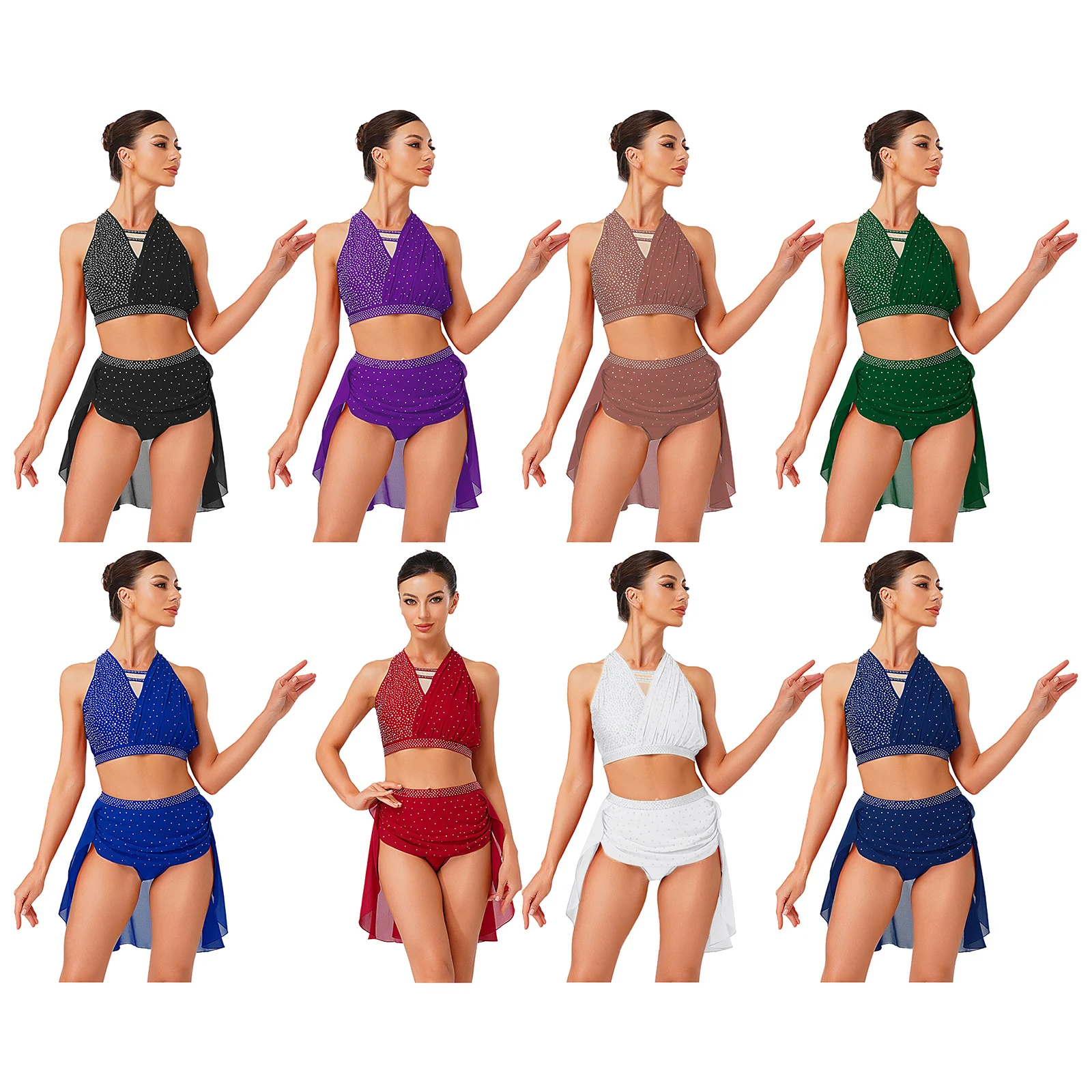 Completo da danza moderna lirica elegante da donna, senza maniche, con scollo all'americana, increspato, top corto + slip incorporato, gonna, set di abbigliamento da ballo