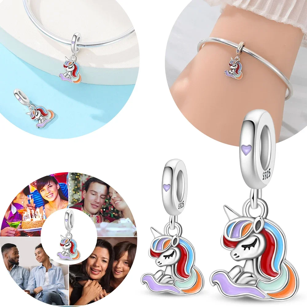 

Original 925 Sterling Silver Animal Colorful Unicorn Pendant Heart Bead Fit Women Bracelet Diy Girl Jewelry Valentine Fine Gift