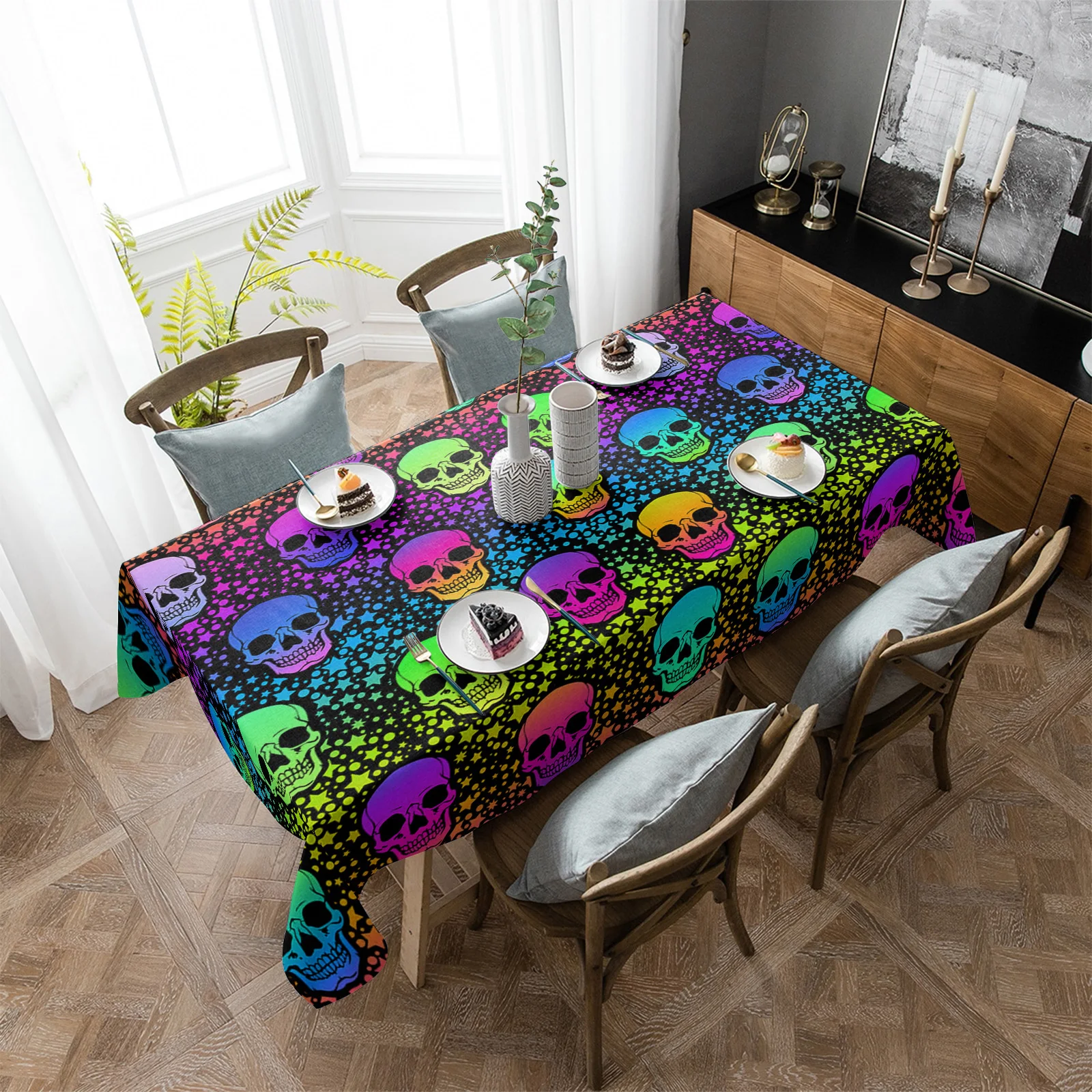 

Rainbow Colored Skull Stars Waterproof Tablecloth Party Decorations Supplies Rectangle Table Cloth for Kitchen Table Decor