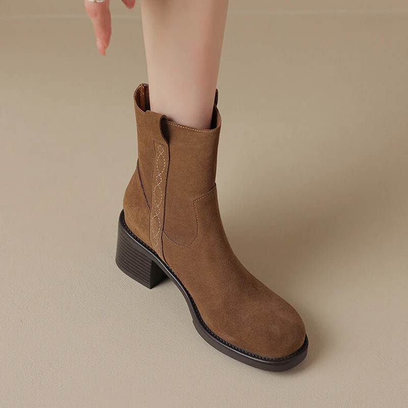 NEW Autumn/Winter Women Boots Round Toe Chunky Heel Boots Cow Suede Leather Shoes for Women Modern Boots казаки женские обувь