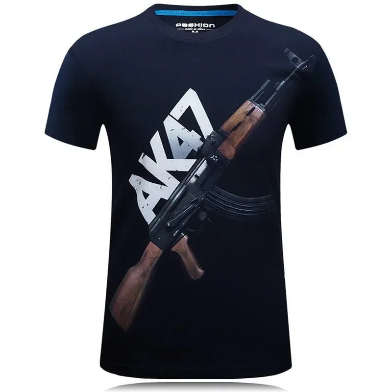 Summer Personality Fashion Short Sleeve T-shirt Ak 47 Gun Print Army Fan Tough Guy Wind Speed Dry O Collar Shirt Punk Top