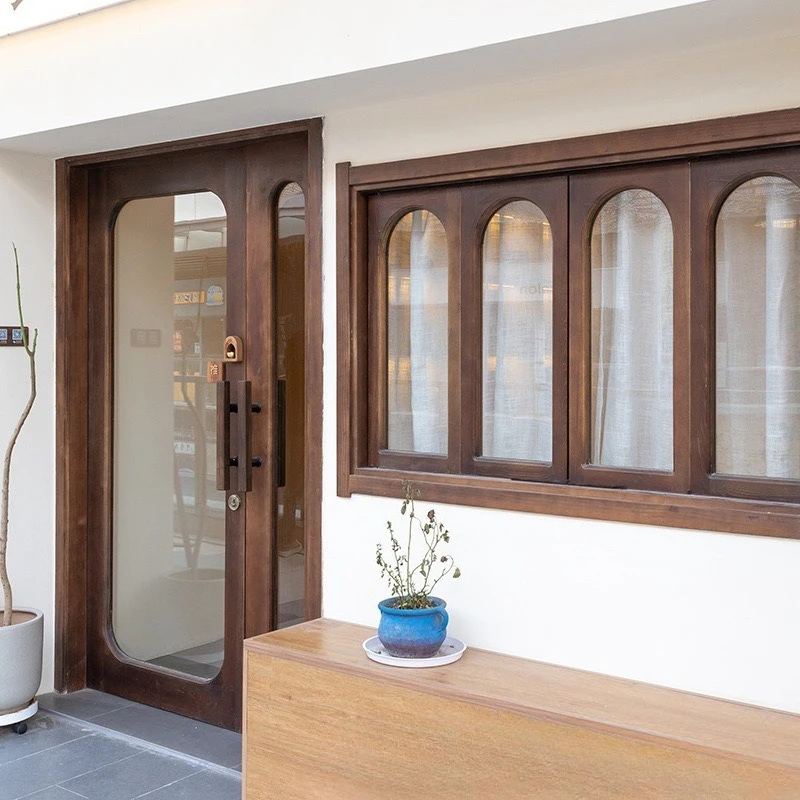 

Retro old elm glass doors and windows foldable sliding cafe doors and windows antique log B & B hotel wooden
