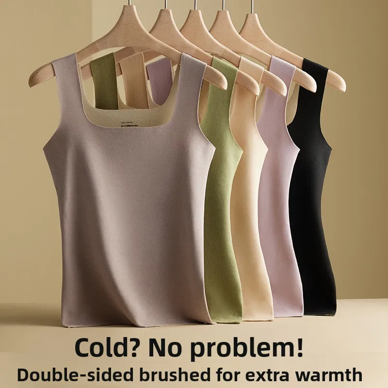 

Thickened Fleece Warm Underwear Women's Square Collar Thermal Vest Slim Fit Home Clothes Single Layer Pure Color Polyester