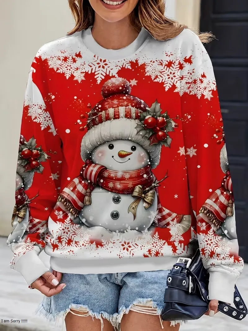 Women's long sleeved round neck casual hoodie, 3D Christmas element Santa Claus printed pullover, women's holiday party costume