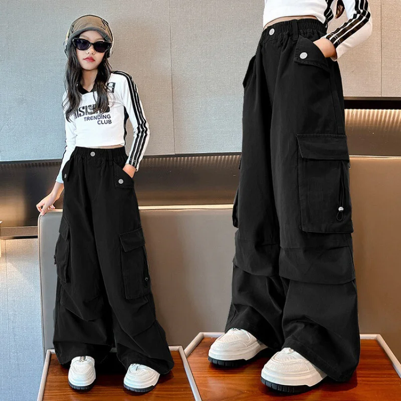 Girls Cargo Pants Big Kids Hip Hop Joggers Pants Teenage Straight Trousers High Waist Vintage Casual Streetwear Baggy Pant 5-14Y