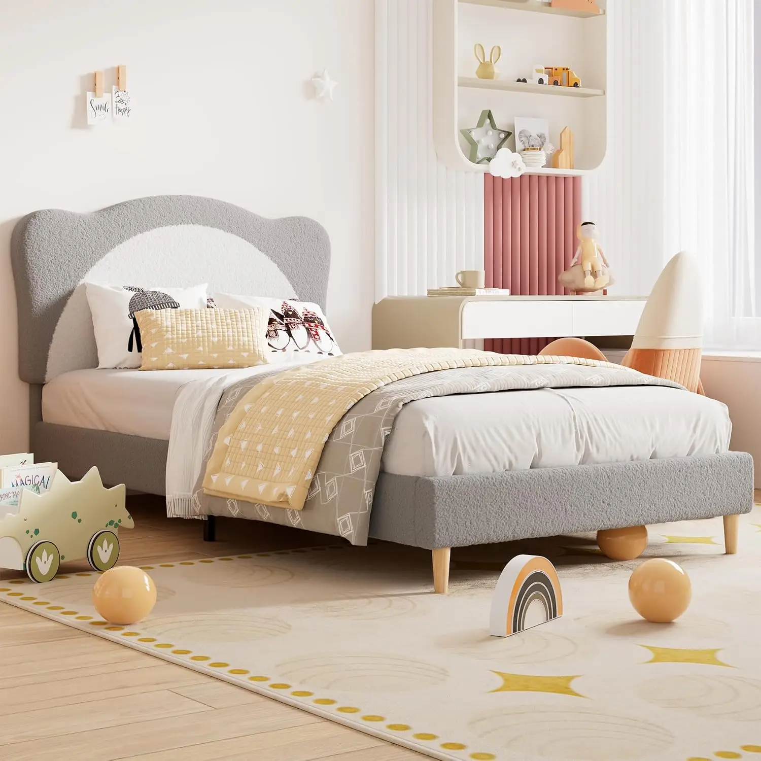 Twin Size Bed Frame for Kids - Cute Velvet Princess Platform Bed with Upholstered Headboard for Girls/Boys, Solid Wood Slats