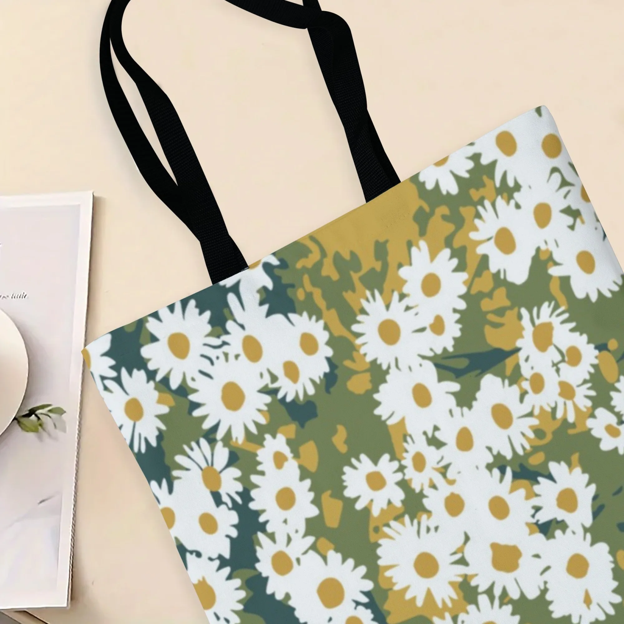 Borsa tote in tela margherita stile terroso Borsa a tracolla dal design floreale verde per donna Eco adatta per picnic primaverili Viaggi floreali