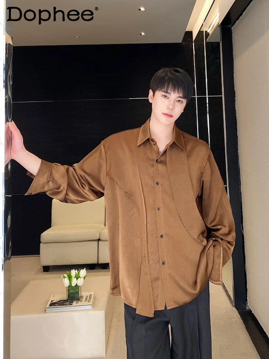 Fashion Satin Shirts Men's Long Sleeve Solid Color Irregular All-Match Shirt Loose Comfort Spring Autumn Single-Breasted Tops