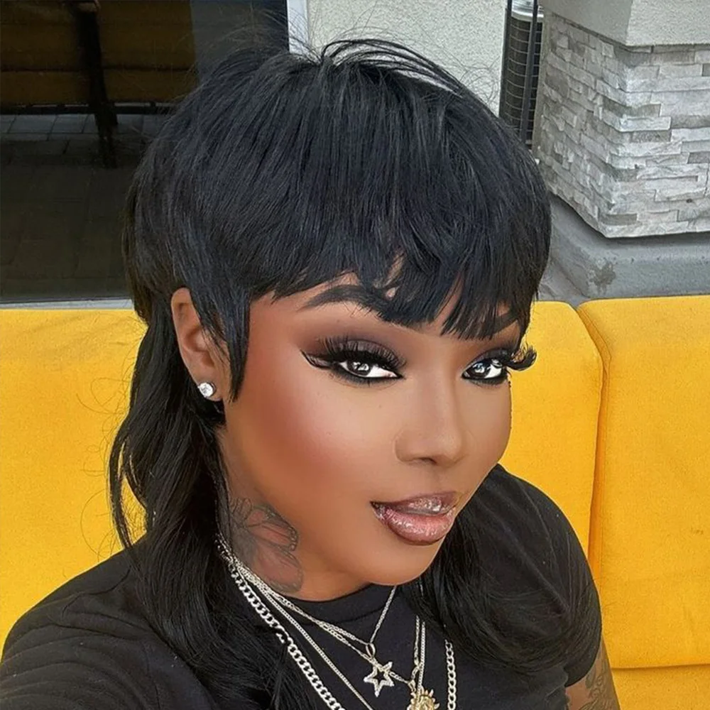 Perruques de cheveux humains Bob coupe mulet Pixie avec frange pour femmes noires perruques ondulées de loup naturelles pleine Machine