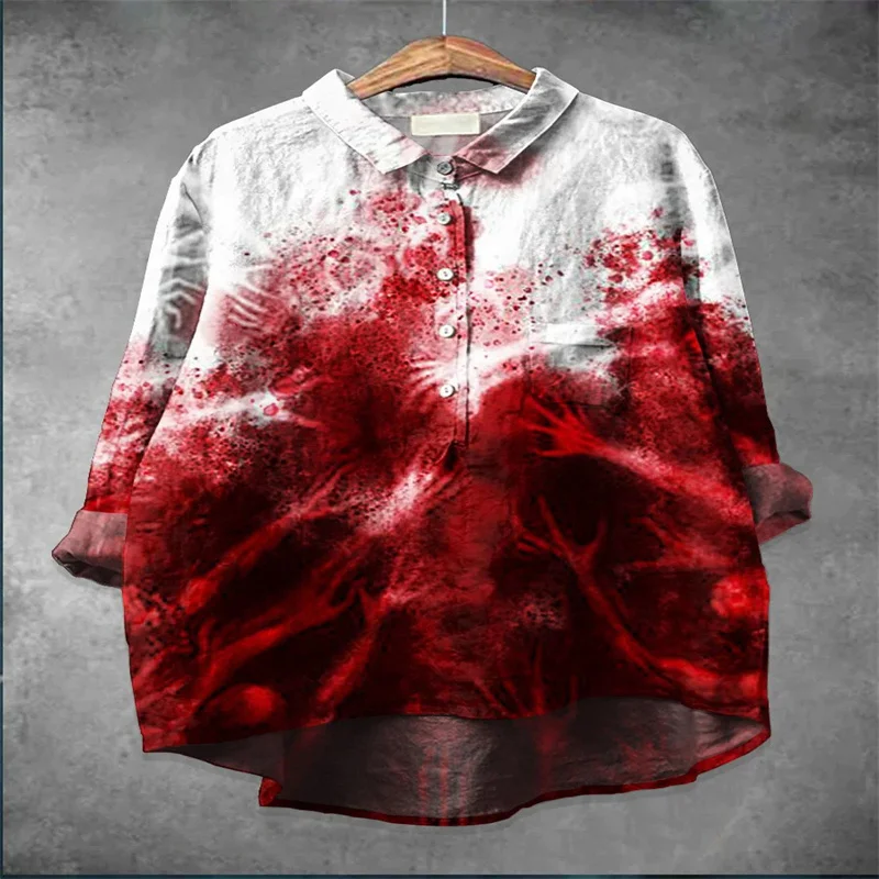 Men's long -shirt shirt Halloween, horror fresh blood stain shirt, trend party clothing, street casual shirt