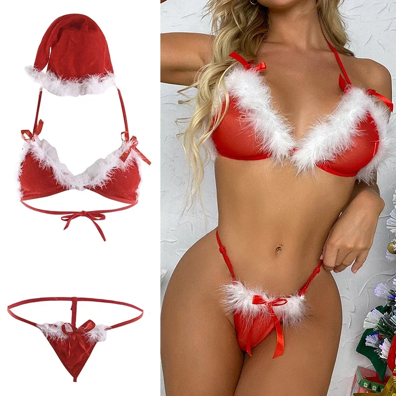 Sexy Santa Lingerie Lady Christmas Red Velvet Fluffy Bikini Sets Bra G-String Thong Hat 3Pcs Bandage Exotic Set with Feather