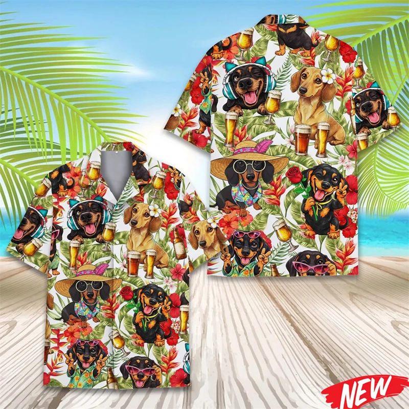 

Мужская гавайская рубашка с милым собачьим принтом, модная летняя пляжная рубашка на пуговицах для отпуска, уличная вечеринка, 3D-принт с животными, блузка с отложным воротником
