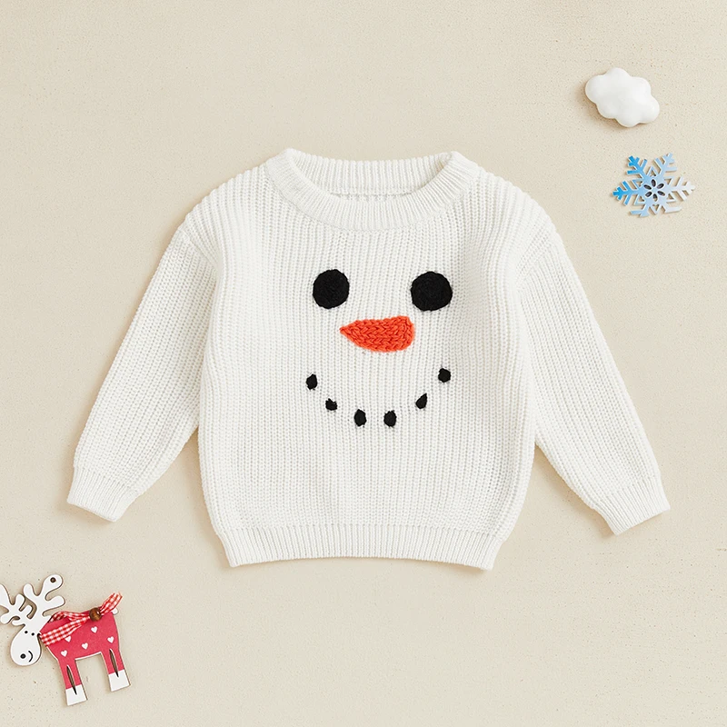 Baby Boy Girl Christmas Sweater Snowman Embroidery Crew Neck Long Sleeve Pullover Knit Tops for Fall Winter