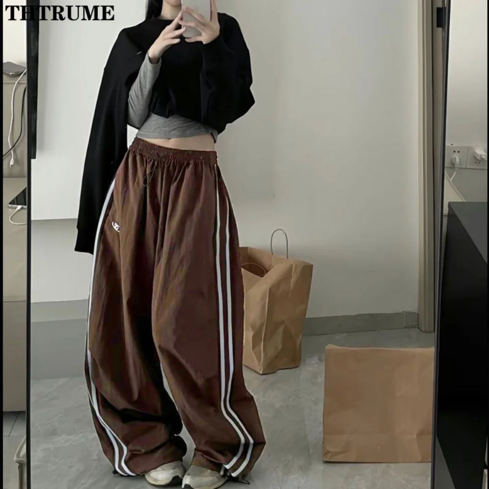 Retro SweatPant Oversized Baggy Pants Fashion Women Striped Elastic Waist Pocket Wide Leg Pant Streetwear Vintage Y2K Trousers