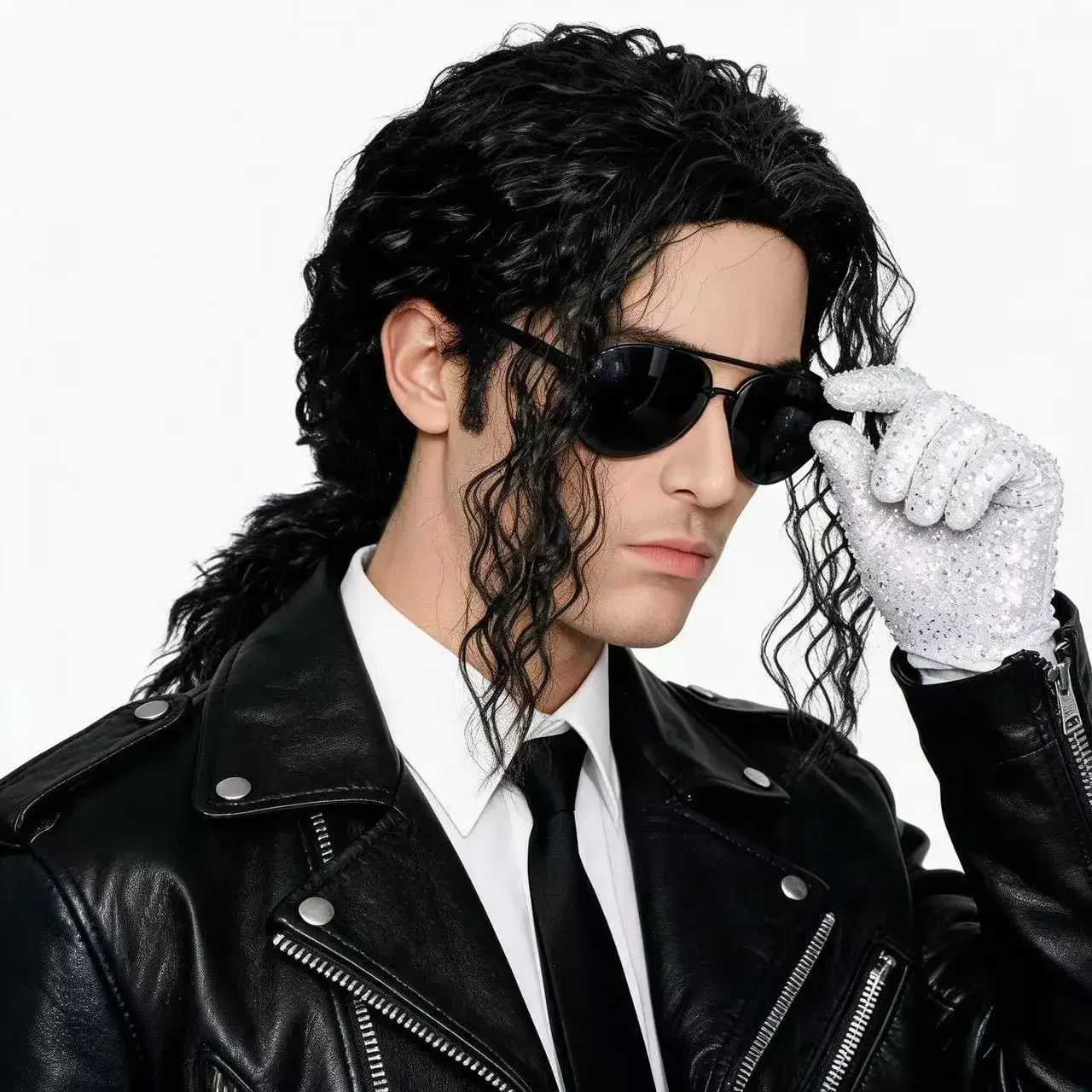 2026  Men's  Costume Wig with Glove Tie and Sunglasses Black Long Curly Mullet Ponytail Synthetic Rocker Wigs Halloween