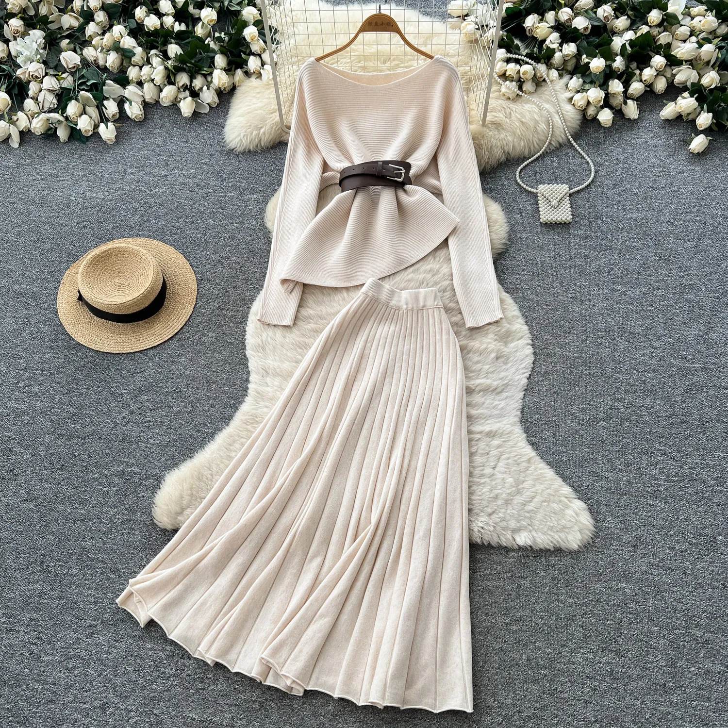 Elegantes Strickgürtel-Zweiteiler-Set, schicker Vintage-Pullover mit ausgestelltem Rock mit hoher Taille, lässiges Urlaubs- und Party-Set