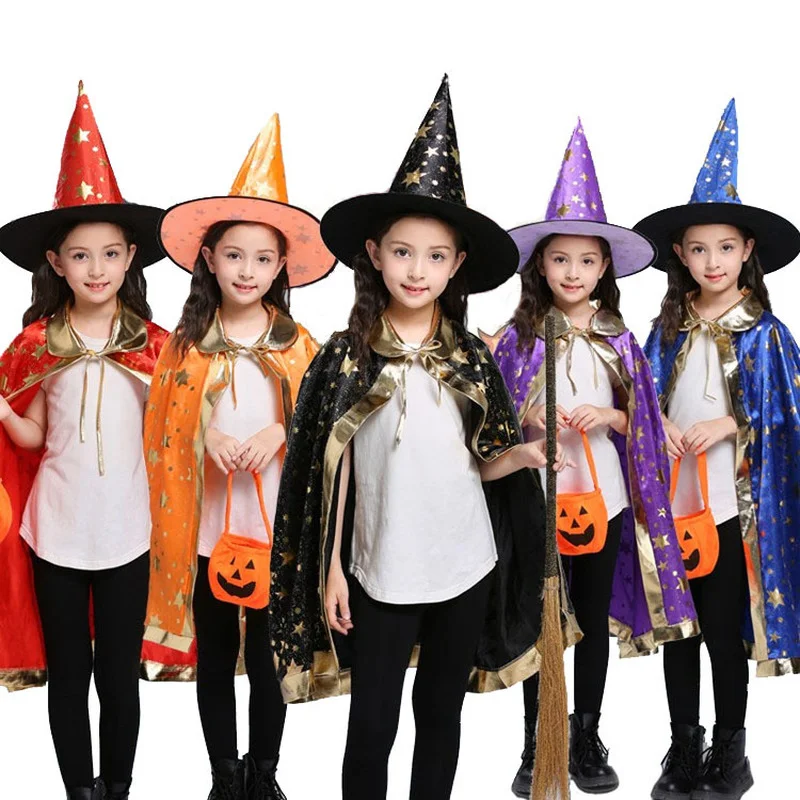 Halloween Costume Satin Cape with Hat for Kids Boys Wizard Girls Witch Cosplay Halloween Party Child Dress Up Ghost Clothes 2021