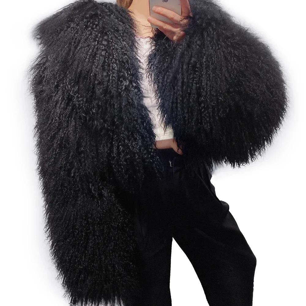 New Brand Women's Real Mongolia Sheep Fur Jacket With Collar Winter Coat Female fur coat