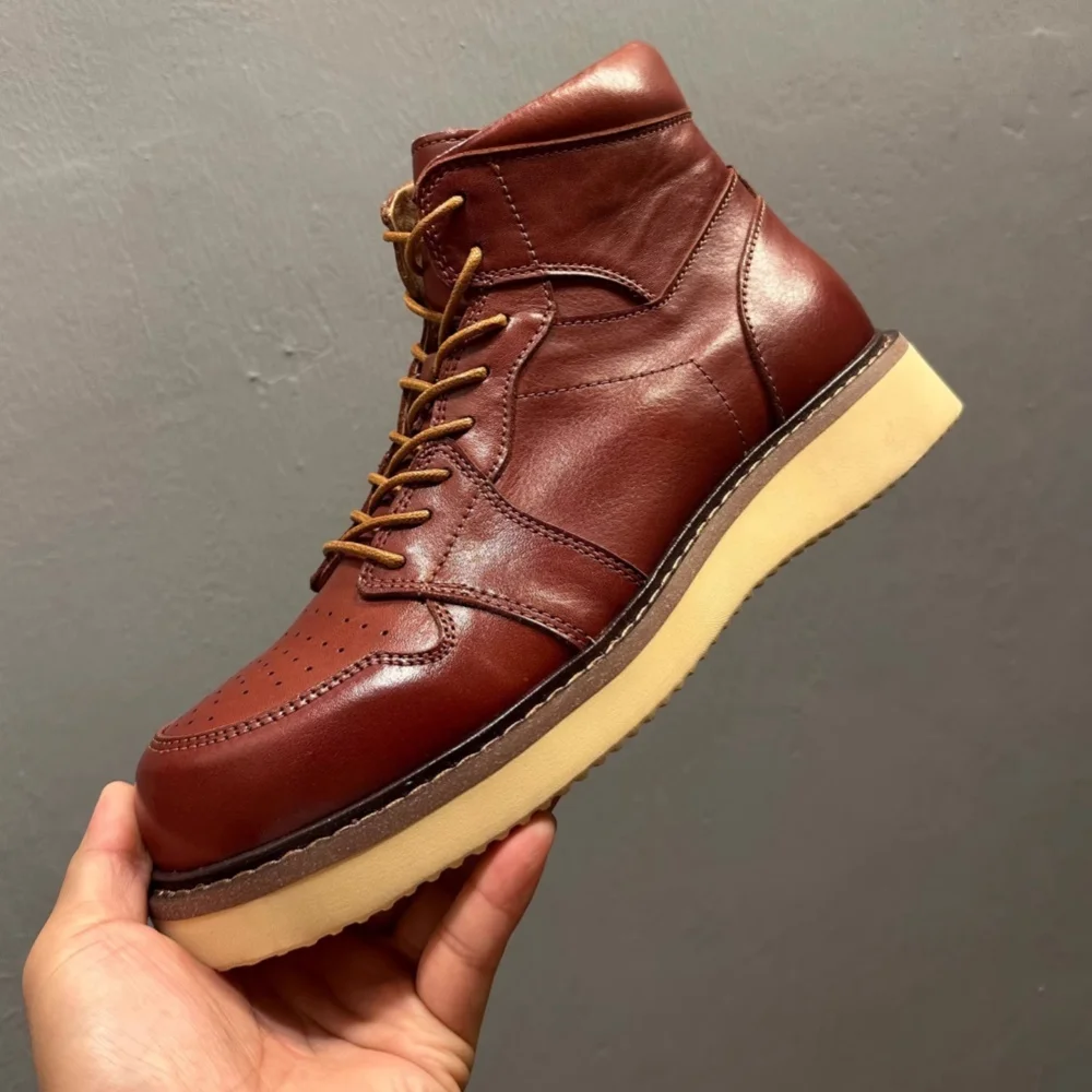 

QHCCID Cowhide Leather High Calf Shoes Retro Genuine Leather Men's Boots Lace Up Designer Casual Boots Handmade Men's Shoes