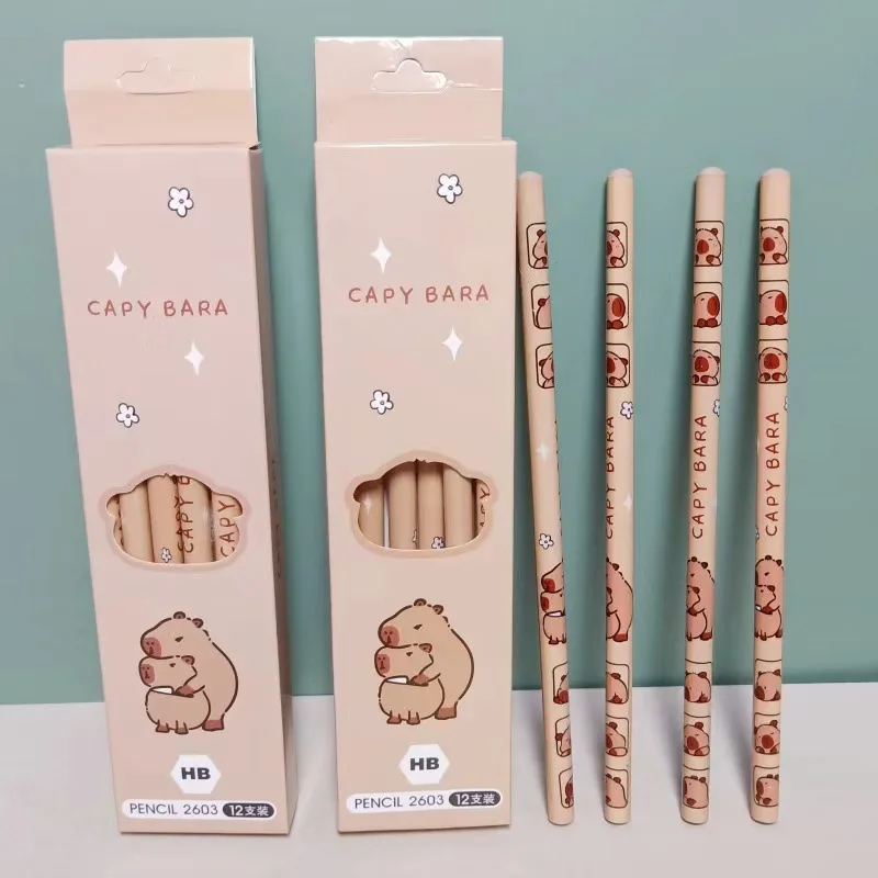 12Pcs Anime Cartoon Capybara Natural Wooden Pencil 2B HB Black Lead Wood Writing Pencils Office School Stationery Birthday Gift