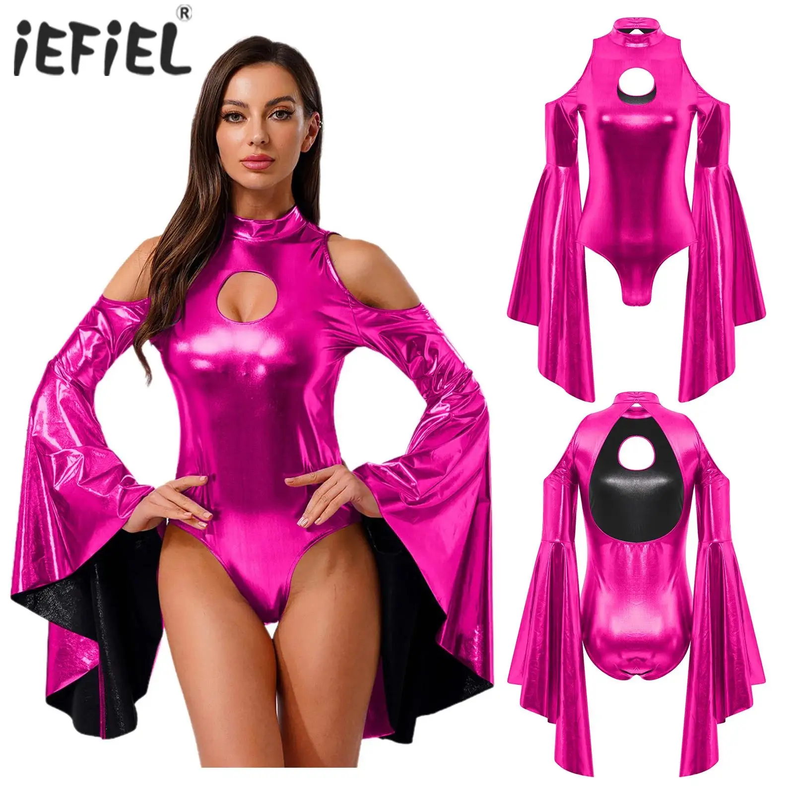 ملابس نسائية للرقص على شكل عمود معدني لامع عالي القطع بدلة يوتار ديسكو للحفلات والنوادي بأكمام واسعة بدلة ثياب #1