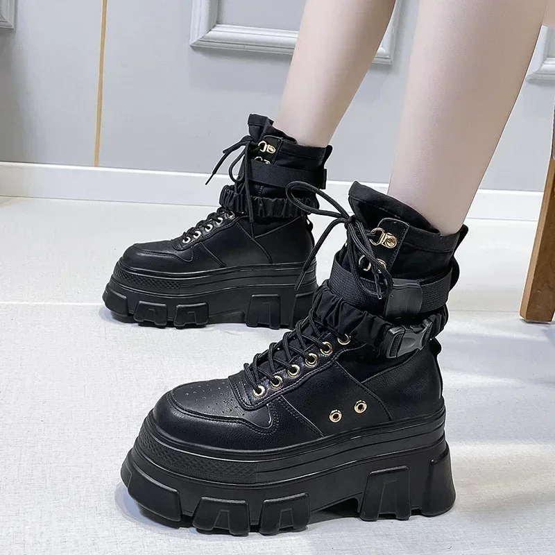 New Fashion Women Spring Autumn Gothic Shoes Woman Thick Bottom Lace Up Ankle Punk Chunky Platform Motorcycle Boots Botas Mujer image 2