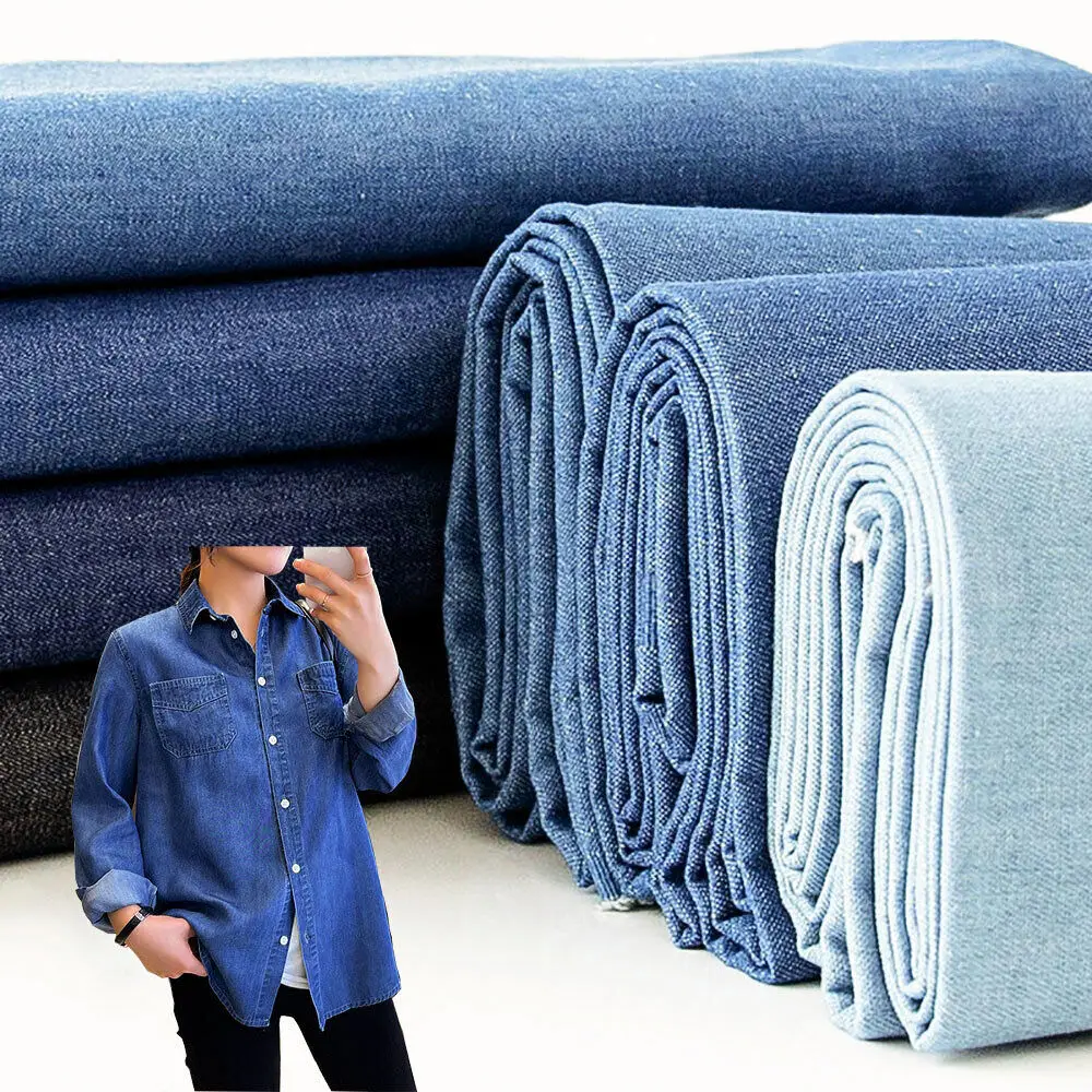 Cotton Blue Denim Cotton Soft Micro Stretchy Thin Light Breathable Washed Fabric DIY Shirt Pants Quilting Sewing Craft Material