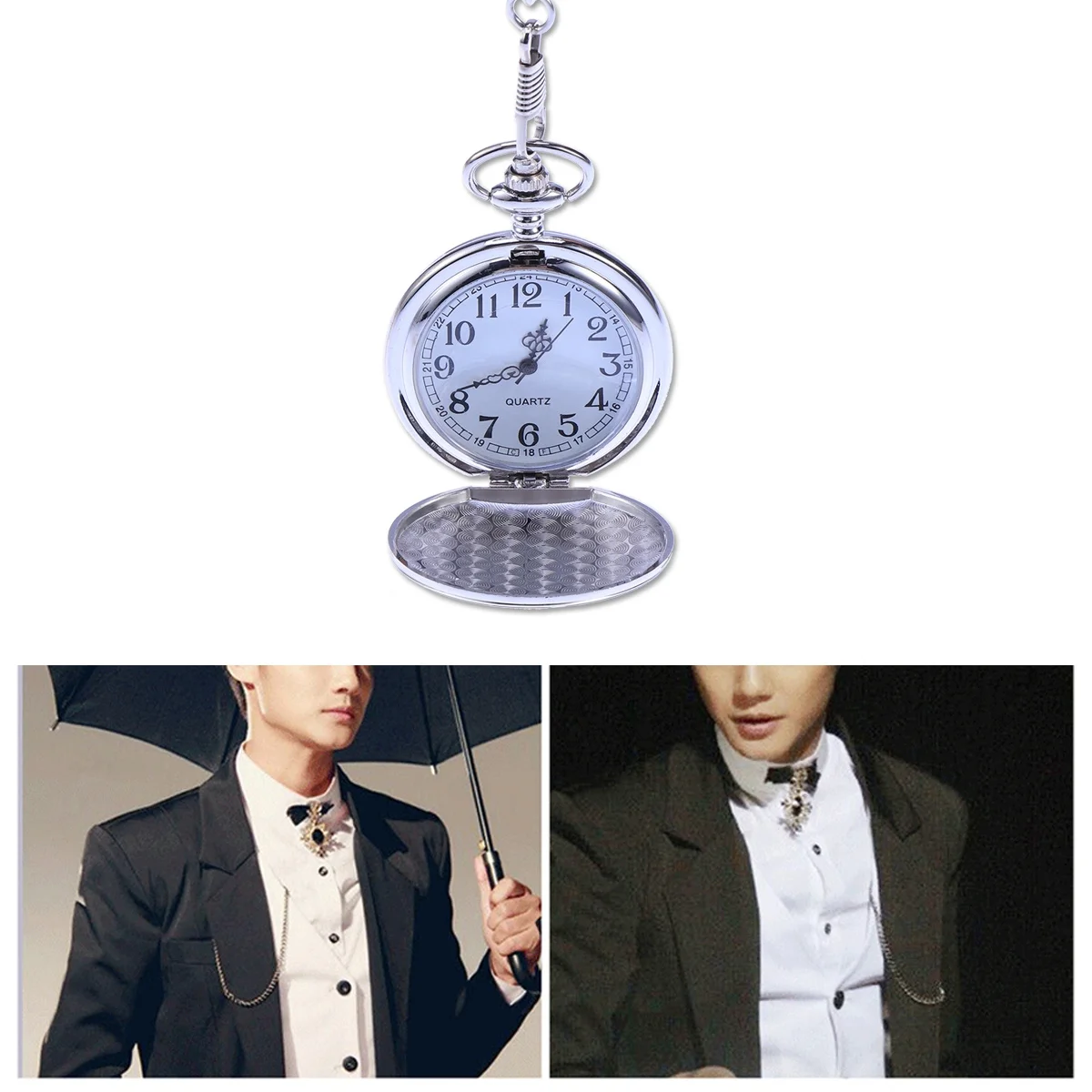 ساعة جيب كلاسيكية فضية اللون من الفولاذ المقاوم للصدأ حركة ميكانيكية قرص دائري 12/24 ساعة ساعة جيب للرجال مع سلسلة #4