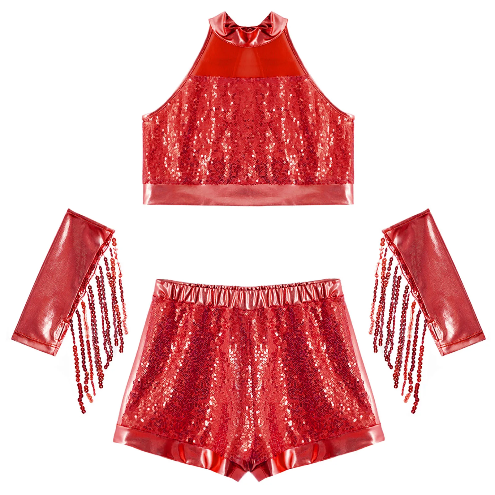 Kids Girls Jazz Cheerleading Uniform Cheerleader Costume Cha-cha Samba Modern Dance Outfits Set Crop Top with Shorts Gloves Set