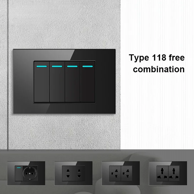 1 2 3 gang 2 way 118 toughened glass black wall switch multi socket Dimming Speed regulation US AU Brazil Mexico standard switc