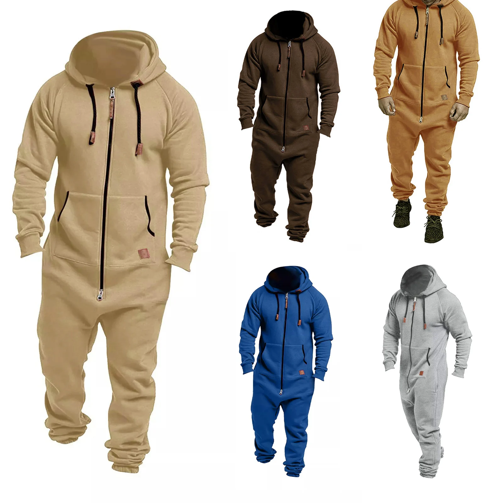 Men\'s Winter Hooded Jumpsuits with Pockets Warm Long Sleeve Full Zipper Up Overalls Sweatsuits with Drawstring