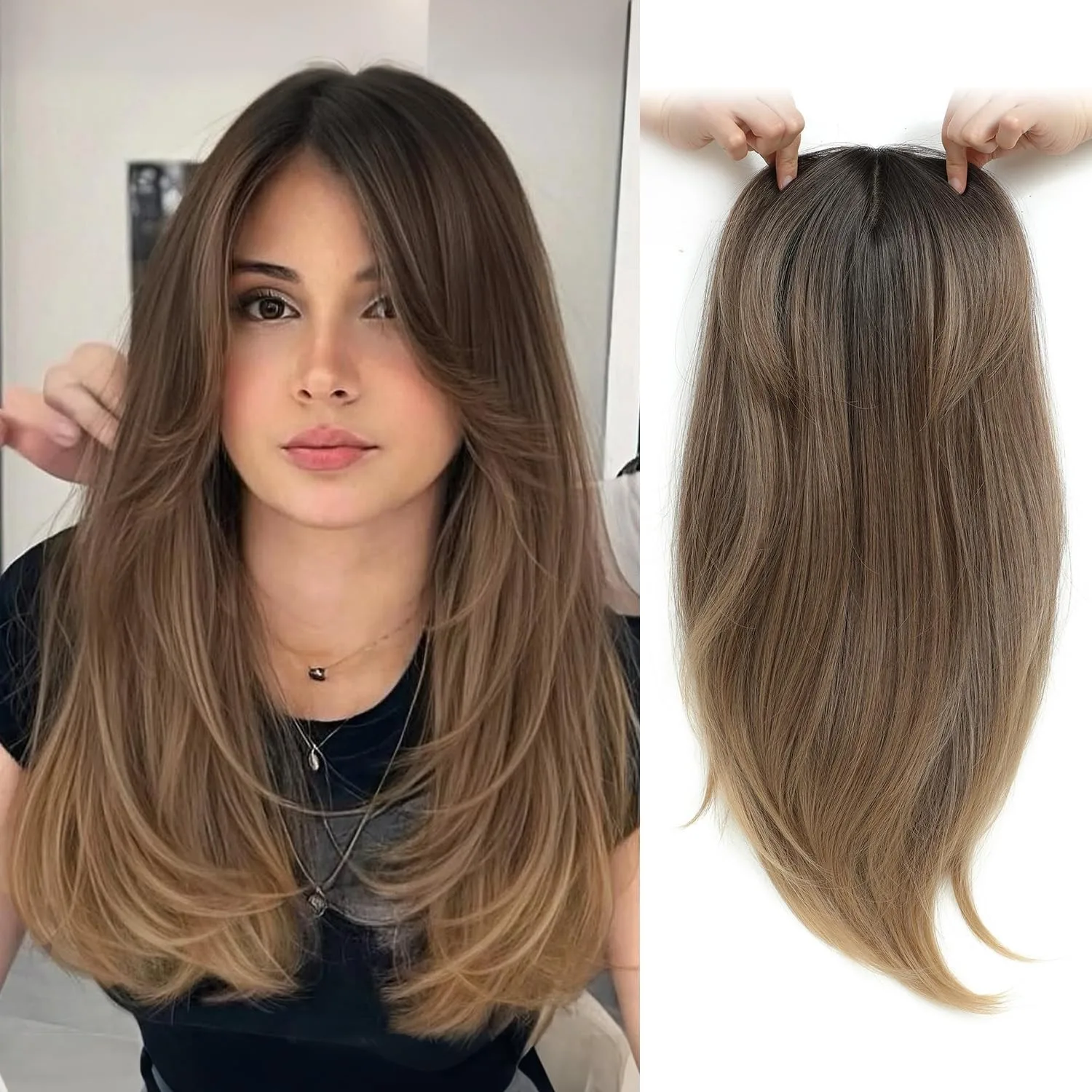 

Накладка для волос 6.5x6.5 с широким покрытием для женщин, с челкой, реалистичная имитация кожи головы, синтетические пряди, 22 дюйма, для придания объема