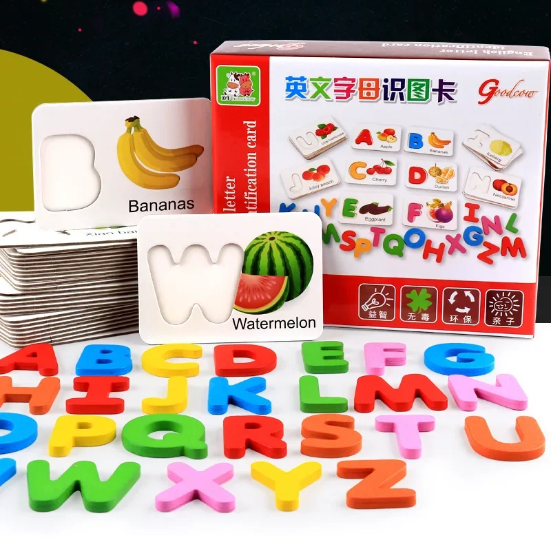 

Alphabet Letter Cards Cognitive Matching Puzzles Wooden Montessori Early Education Baby Learning Fruit Vegetable Toys For Kids