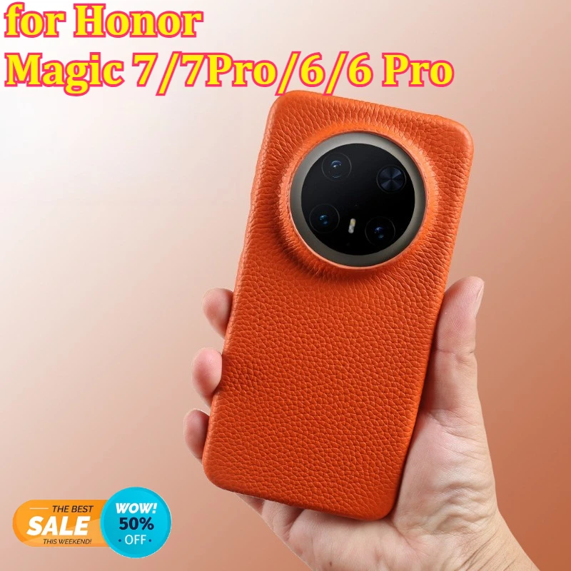 

Magnetic Litchi Grain Genuine Leather Case for Honor Magic7/7Pro/6/6 Pro Soft Edge Cover