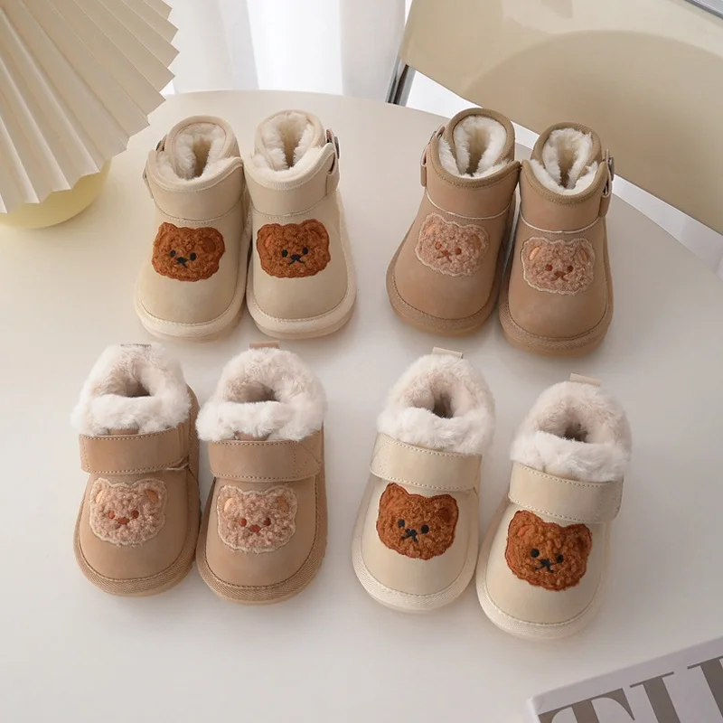 Korean Baby Boots Bear Plush Lining Warm Winter Shoes for Kids Buckle Strape Thicken Children Snow Boots for Girls Boys