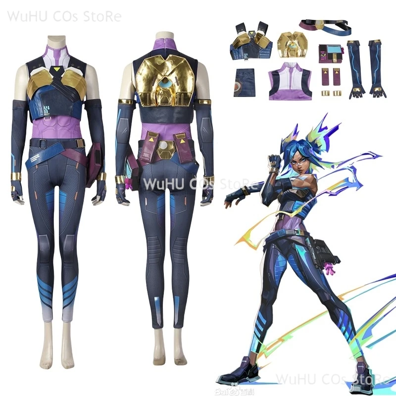 Neon Cosplay Kostuum Spel Valorant Neon Cosplay Kostuum Blauw Vrouwen Combat Uniform Pruik Halloween Party Outfit Volledige Set