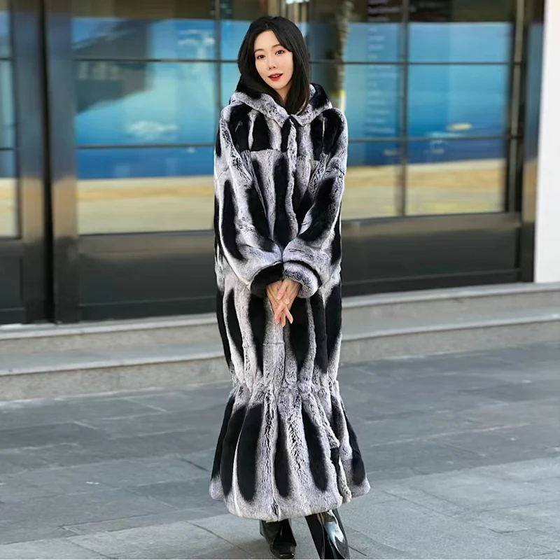 Real Genuine Rex Rabbit Chinchilla Fur Coat With Hood Women Luxury New Design Oversize Fur Jackets