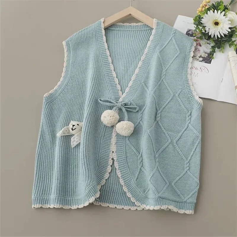 Korejpaa Sweater Vest Women Clothes Sweet Cartoon Hairball Lace Up V-neck Knitted Vests Sleeveless Cardigan Waistcoat Fashion