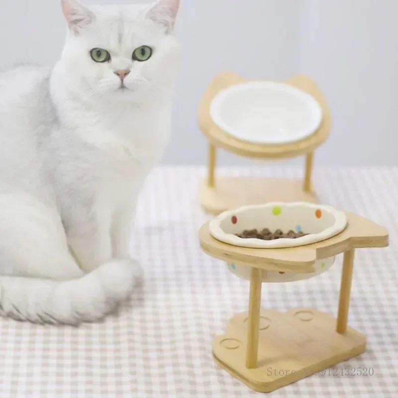 

Creative Split Type Ceramic Protection Cervical Neck Wood Frame High Legs, Eating Drinking Water, Dog Basin, Pet Cat Bowl, 1Pc