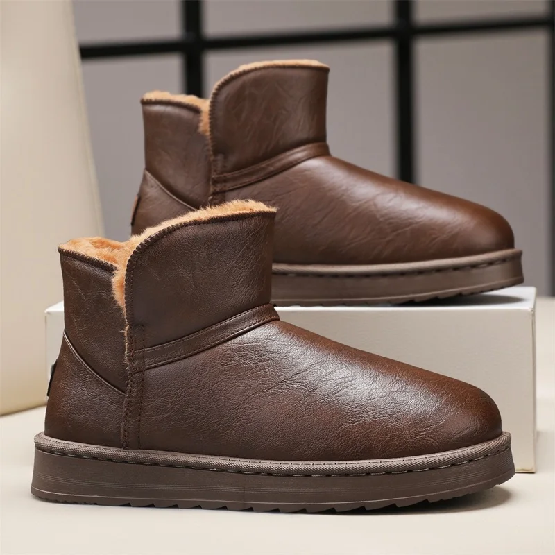 

Man Winter Warm Leather Boots Warm Plush Inside High Tops Casual Shoes Slip on Keep Warm Thick Fur Men's Platform Ankle Boots