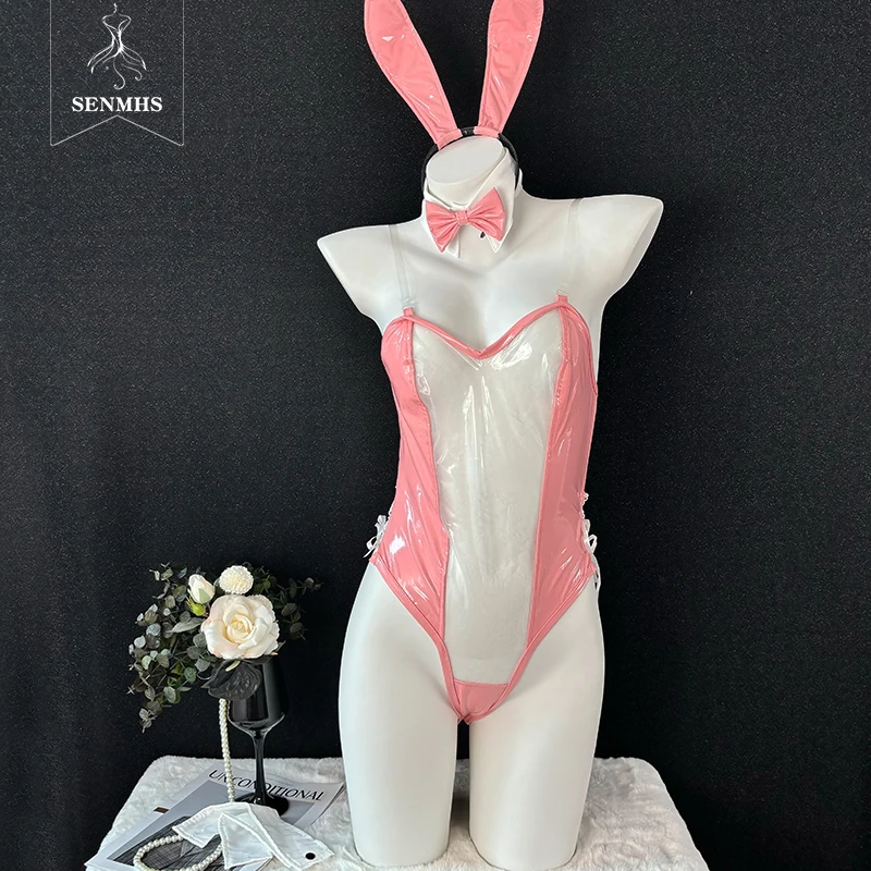 

SENMHS Sexy Cute Transparent Bunny Cosplay Patent Leather Costumes Lovely Pink Jumpsuit Women Halloween Costume Rabbit Suit