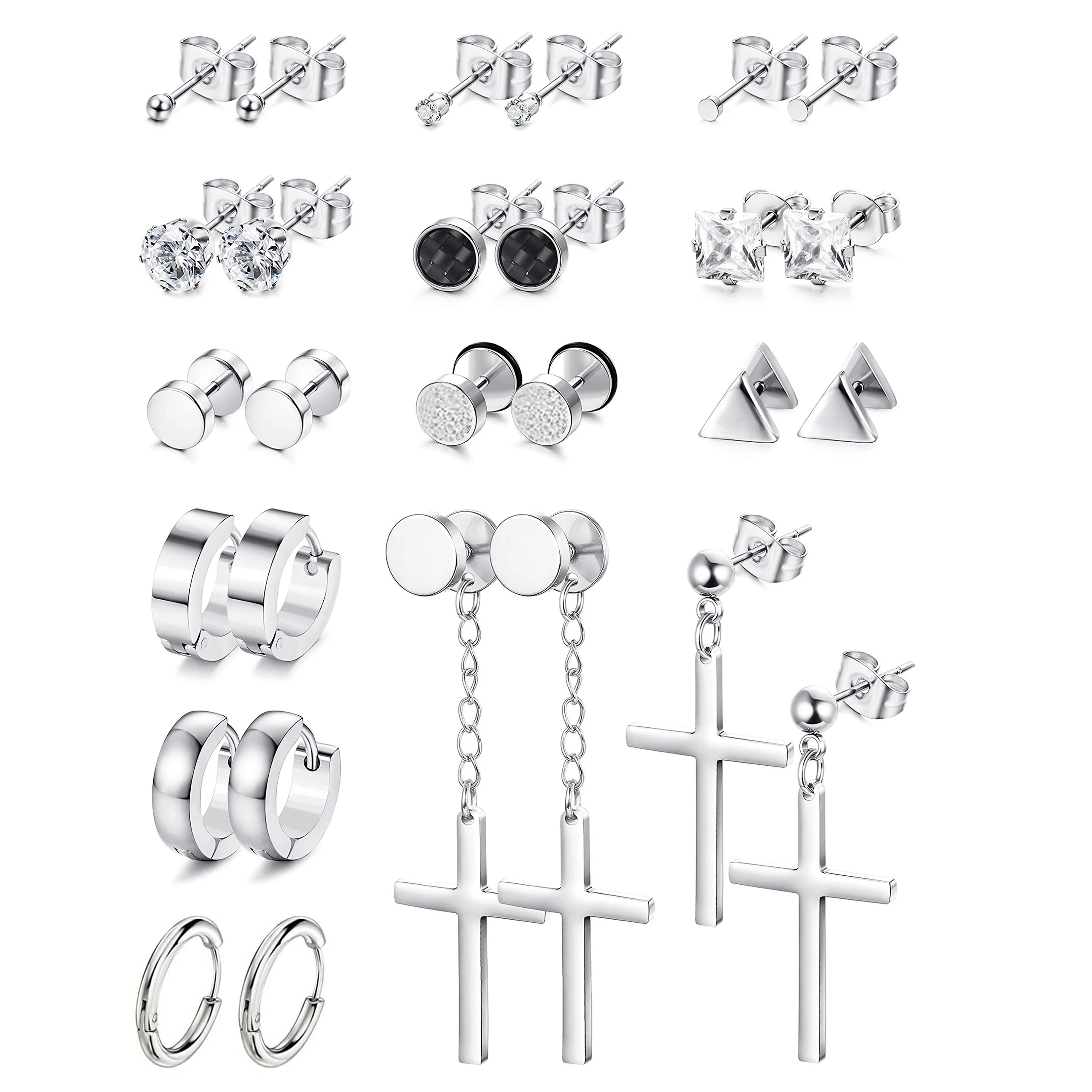 1〜14ペアのステンレス鋼の小さなイヤリング,男性用のフード付きイヤリング,クロスデザイン,ヒンジ付きイヤリングのセット,シルバー