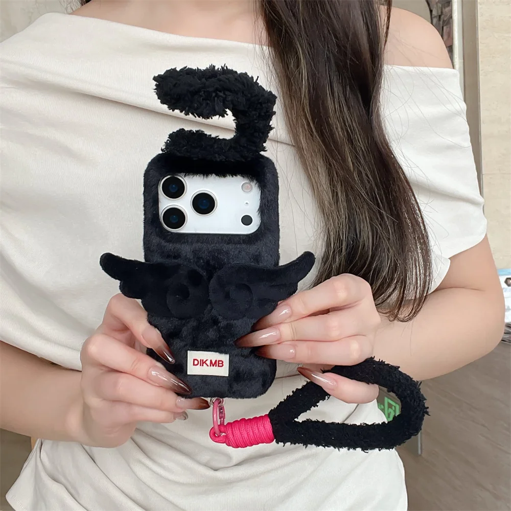 

Winter warm fluffy angel wings phone case for iPhone 14 15 16 Pro 17 Pro Max Cover with lanyard Furry cute funda protective cove