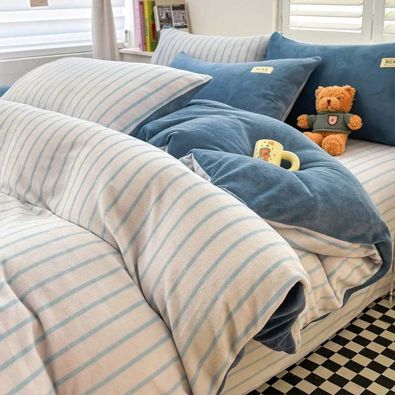 Winter milk fleece bed four-piece set thickened coral fleece bed sheet quilt cover three-piece bedding