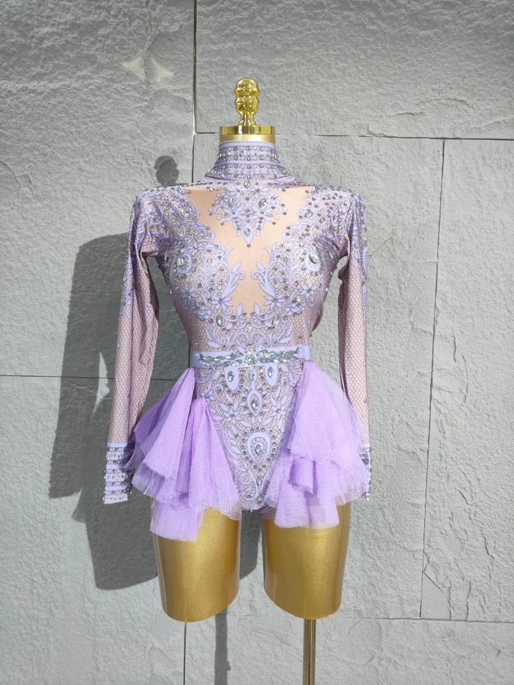 

Sparkly Rhinestones Bodysuit Women ElasticPink Mesh Ruffles Crystal Leotard NightclubDancer Costume Stage Wear Party Outfi