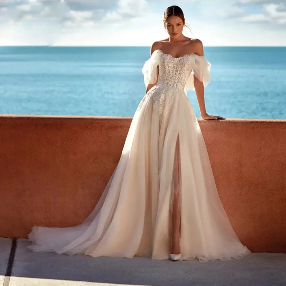 

Lace Appliques Sweetheart Wedding Dress 2023 Off The Shoulder A Line Bridal Gown Side Split Sweep Train Vestidos