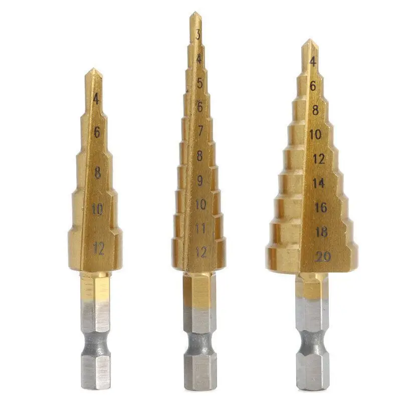 De alta velocidade Aço Passo Broca Set, Ferramentas Elétricas, Cone Titânio Revestido, Metal Cortador Buraco, 1/4 "Hex Shank, Quick Drive, 3 pcs