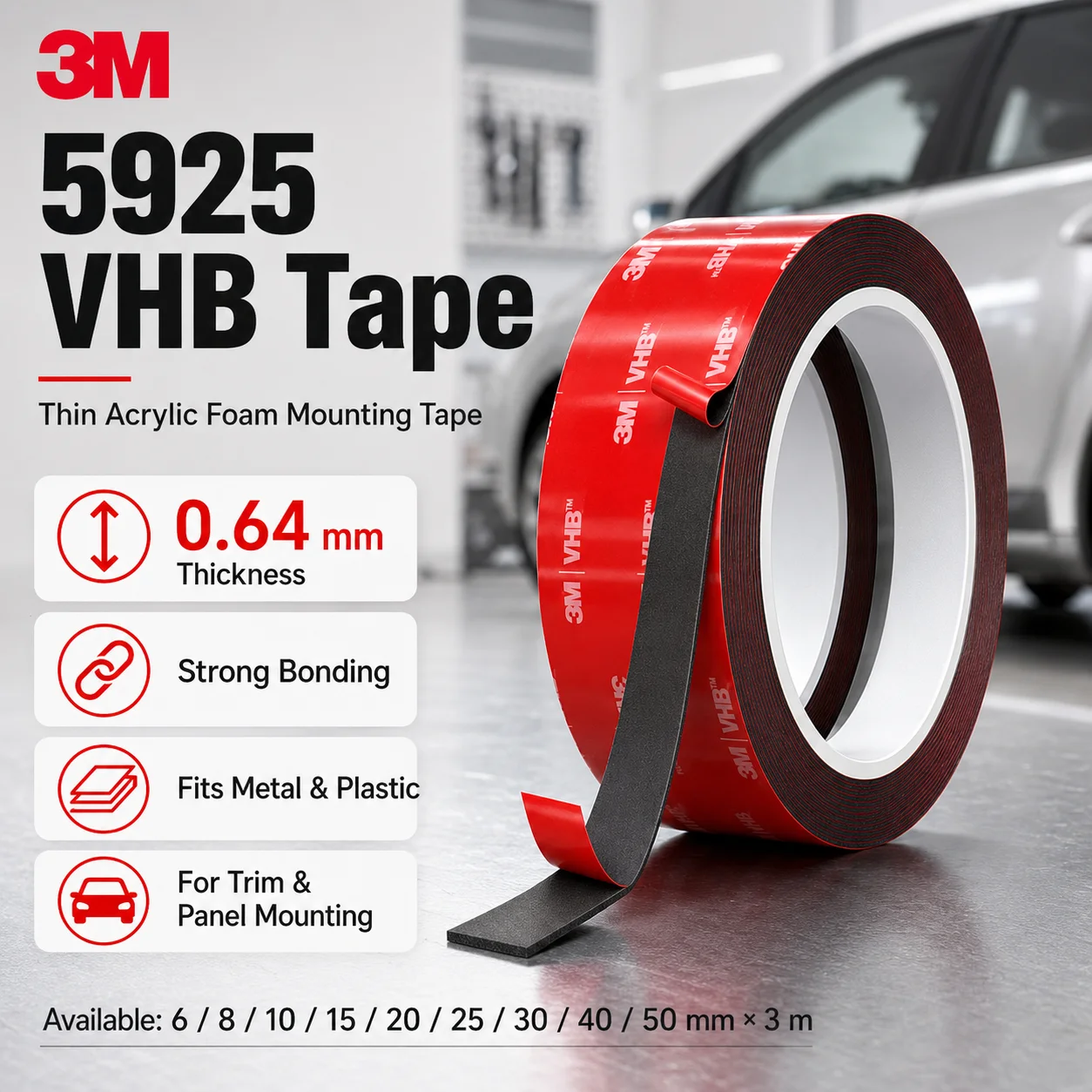 3M 5925 Double Sided VHB Tape Thin Acrylic Foam Strong Bond for Automotive Trim Emblems Panels Signs 0.64mm x 3m