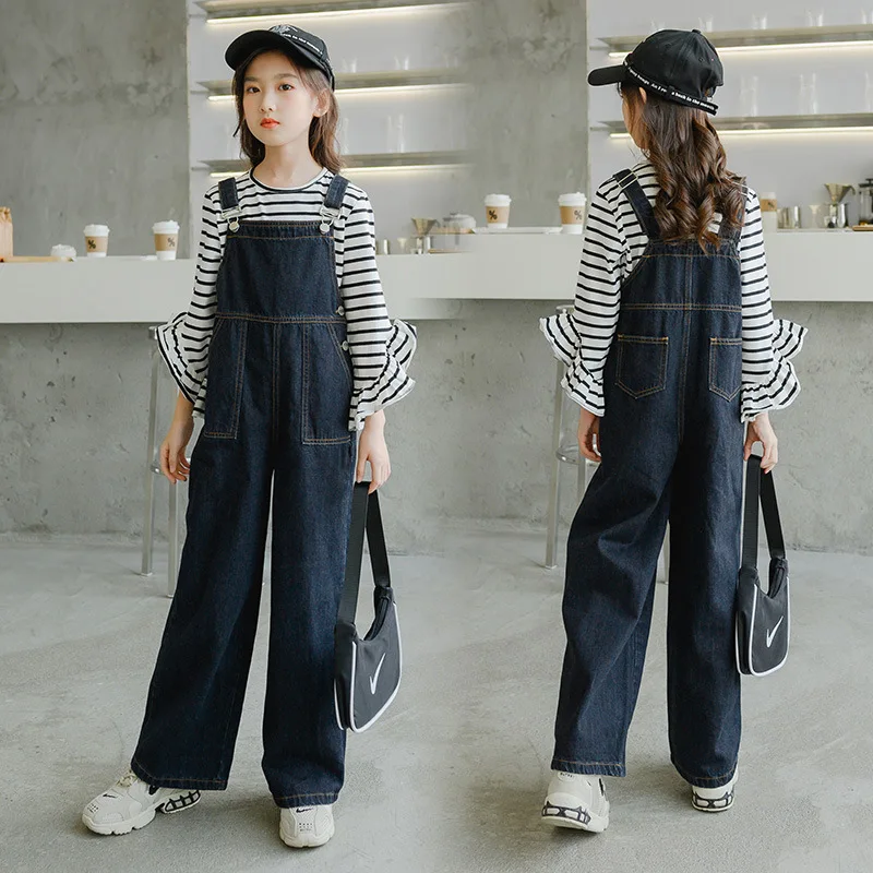 

Autumn Children Girl Clothing Set Junior Girl Stripe Lotus Leaf Long Sleeve Bottoming Shirt+Denim Overall Pants Set For Girls