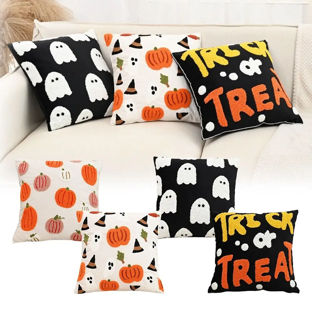 New Embroidery Pillowcase Polyester Halloween Style Plush Cushion Covers Cute Ghost Pumpkin Pillow Cover Holiday Decoration